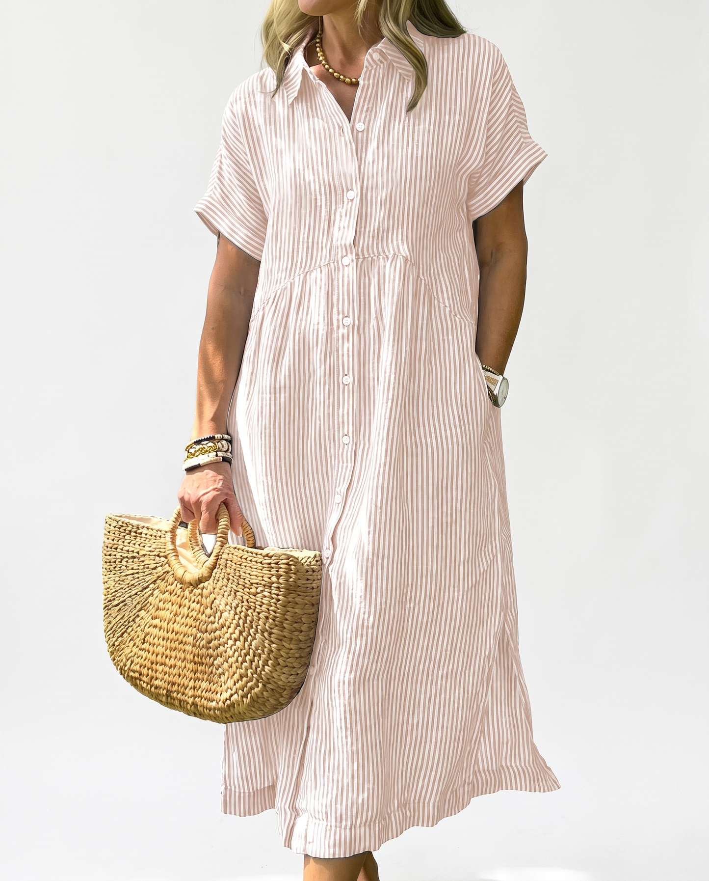 CHECHELLA Women's Summer Striped Midi Long Shirt Dress