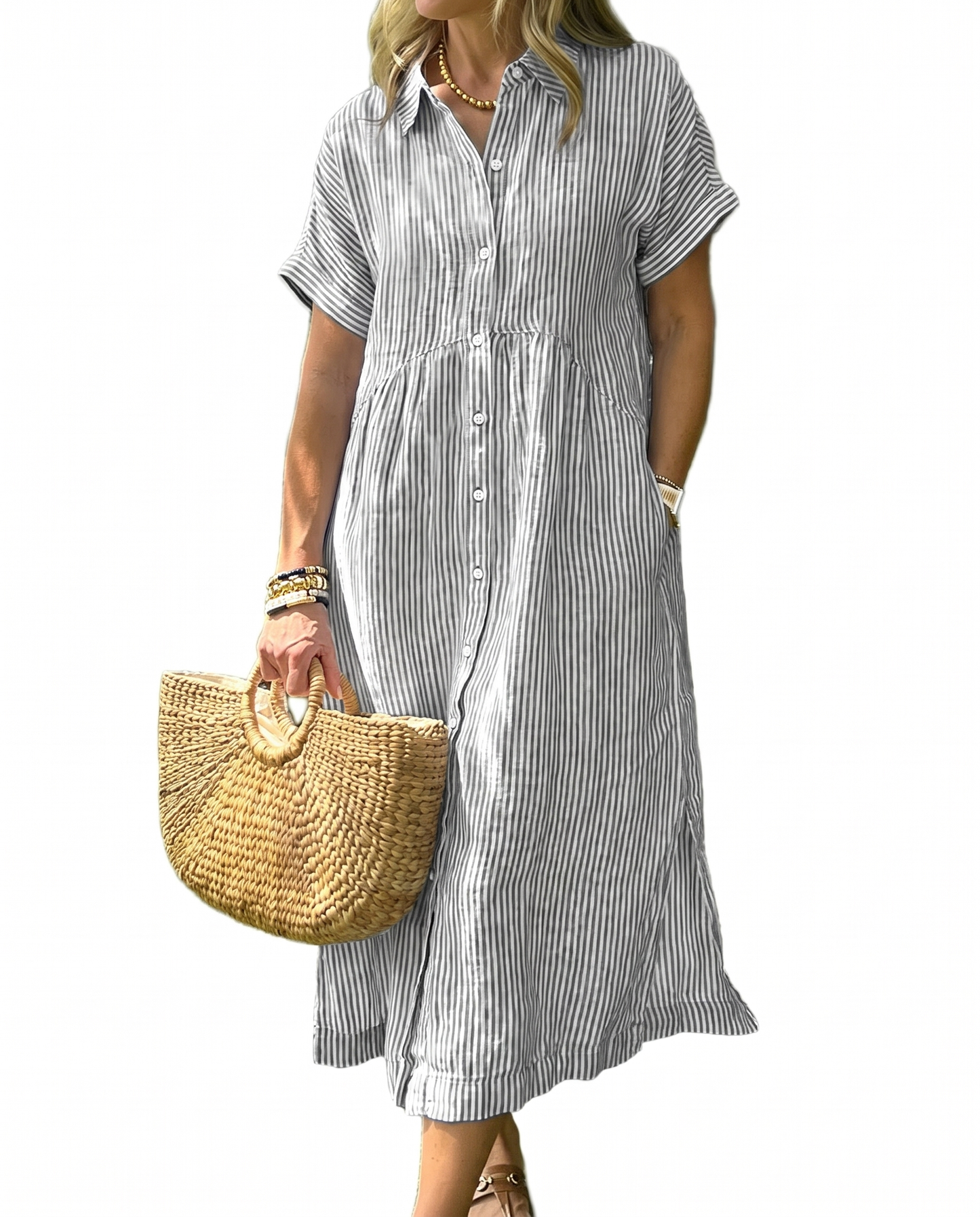CHECHELLA Women's Summer Striped Midi Long Shirt Dress