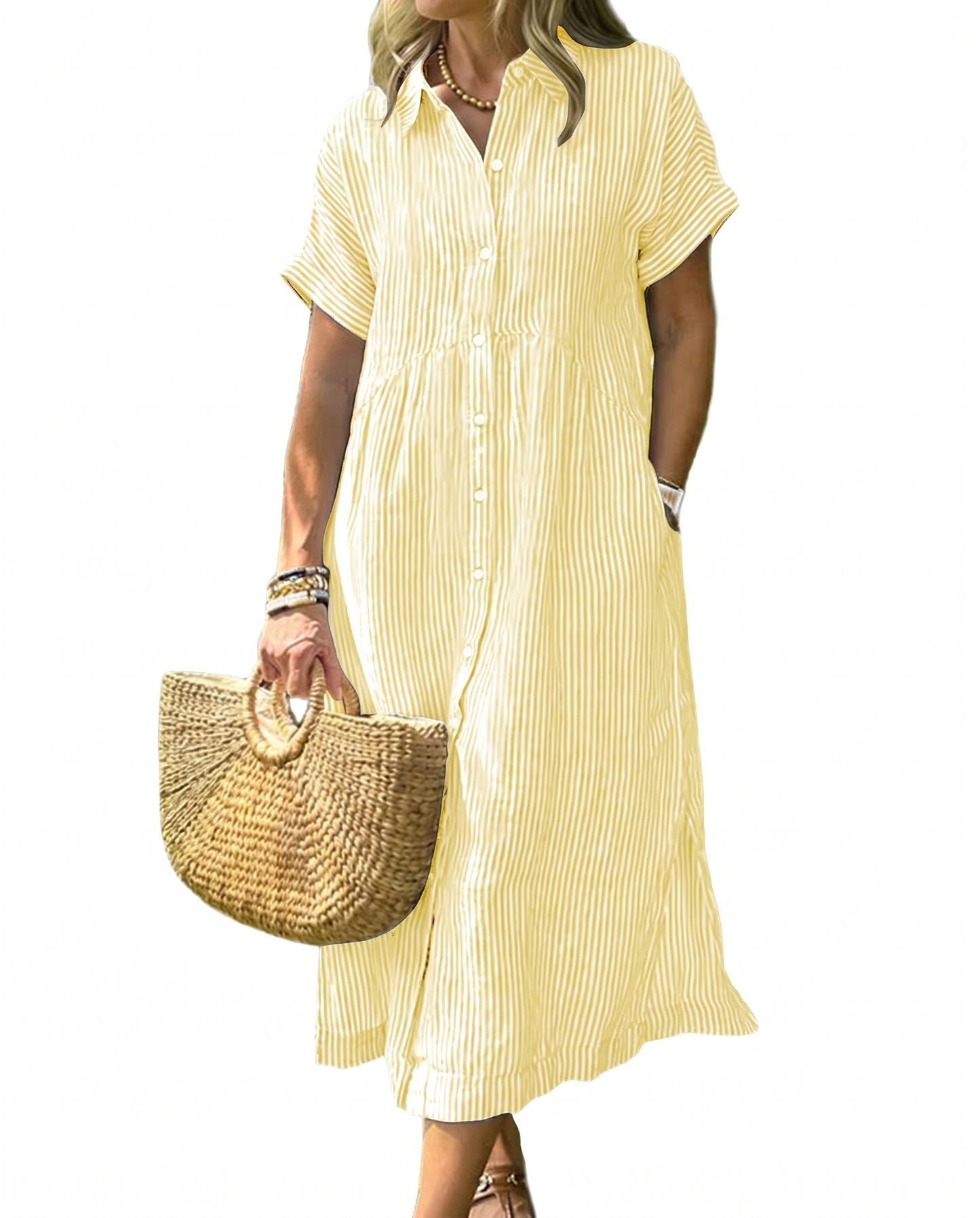 CHECHELLA Women's Summer Striped Midi Long Shirt Dress