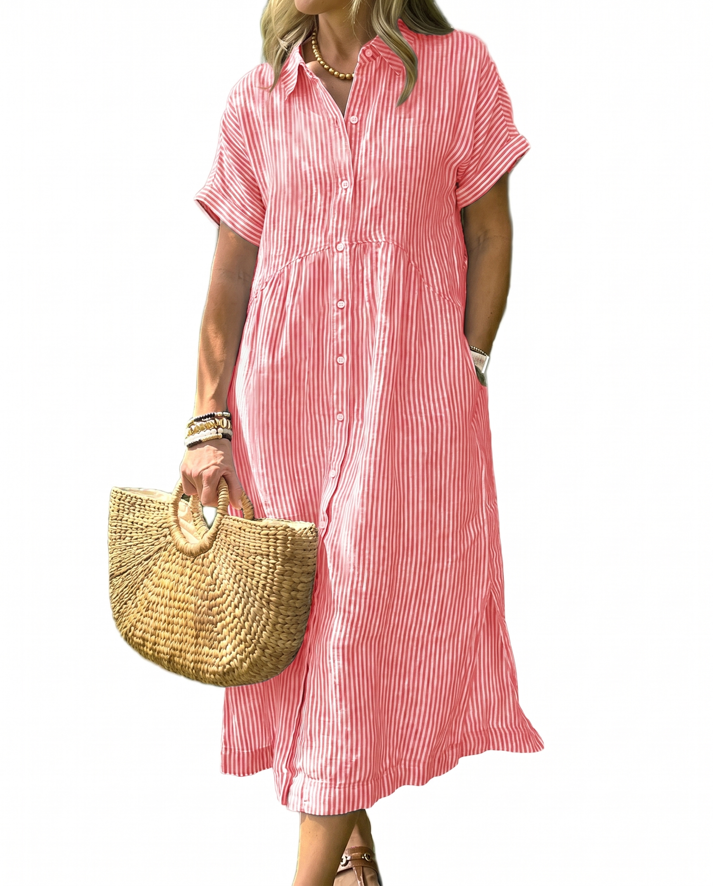 CHECHELLA Women's Summer Striped Midi Long Shirt Dress
