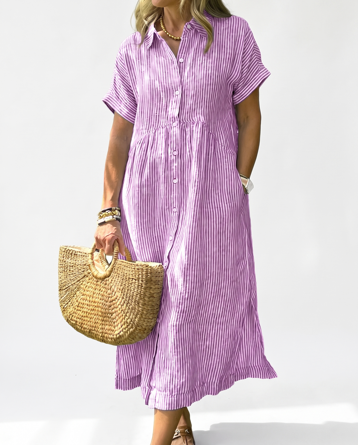 CHECHELLA Women's Summer Striped Midi Long Shirt Dress