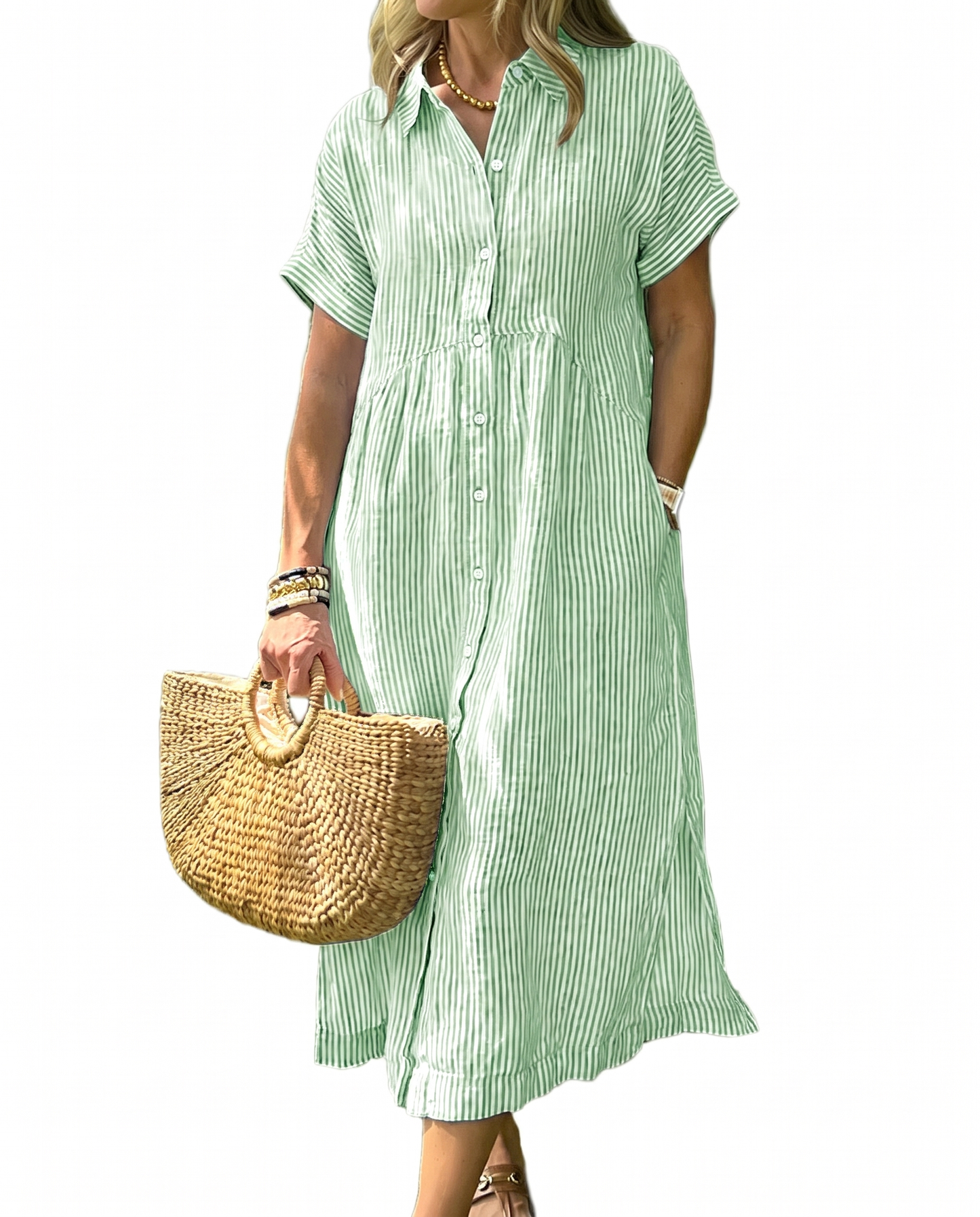 CHECHELLA Women's Summer Striped Midi Long Shirt Dress