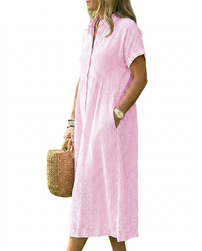 CHECHELLA Women's Summer Striped Midi Long Shirt Dress